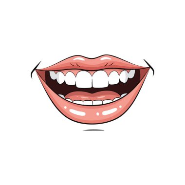 Geniş Gülen Çizgi Film Ağzı. Bu canlı illüstrasyon neşeli bir ifadeyi yakalar. Parlak pembe dudaklar sağlıklı beyaz dişler ve diş etleri gösterir, mutluluk, neşe ve pozitif duygu taşır..