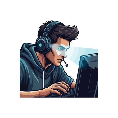 Esports Oyuncuları Ekrana Odaklandı. Genç bir birey, çok dalgın, bilgisayar kullanırken kulaklık takıyor, dijital alemde kendini adamışlığı simgeliyor. Teknoloji temaları için ideal.