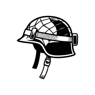 Klasik Askeri Miğfer Silueti. Ağ kamuflajlı klasik bir savaş başlığının tek renkli çizimi. Korunma, tarihi yiğitlik ve ulusal savunma.