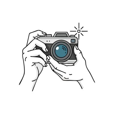 Flash 'la El Tutma Retro Kamerası. Bu illüstrasyon, eski moda bir fotoğraf makinesinde mercek alevi ile birlikte insan kavrayışını resmediyor. Anıların korunması ve sanatsal zevki çağrıştırıyor..