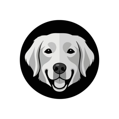 Mutlu Golden Retriever Face. Neşeli bir köpeğin stilize edilmiş çizimi. Bu sevgi dolu arkadaş neşe, sadakat ve dostluğun vücut bulmuş hali. Hayvan temalı projeler için mükemmel..