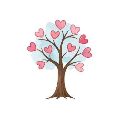 Aşk Kalpleri Sanatsal Ağacı. Çok sayıda pembe kalbi olan canlı bir ağacın büyüleyici bir çizimi. Bu sanat eseri bağlılığı, gelişen ilişkileri ve içten duyguları temsil ediyor..