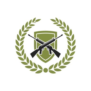 Ateşli Silahlarla Askeri Onur Amblemi. Bu sembolik arma güvenlik, cesaret ve başarıyı simgeliyor. Üzerinde çapraz tüfekler, koruyucu bir eşarp ve siyah bir zeytin çelengi var..