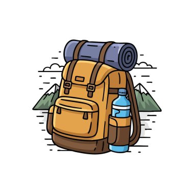 Kamp Vitesli Macera Çantası. Sağlam bir yürüyüş çantasının detaylı bir çizimi, yatak örtüsü ve su şişesiyle tamamlanmış. Gezgin şehveti, açık hava keşfini ve doğanın çağrısını simgeler..