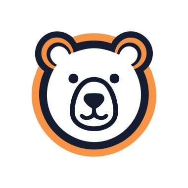 Sevimli Stylize Bear Head Illustration. Bu arkadaş canlısı sidik karakteri, koyu mavi çizgili ve neşeli turuncu aksanlı, minimalist bir hayvan yüzünü canlandırıyor. Çocuk markası için ideal ya da.