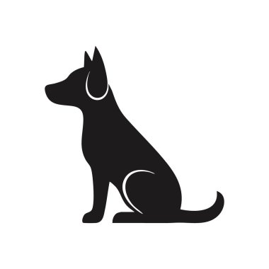 Oturan Köpek Silueti Simgesi. Oturmuş bir konumda bir grafik köpek resmi. Bu basit evcil hayvan tasviri sadakati, dostluğu ve evcil hayvan sağlığı kavramlarını temsil ediyor..