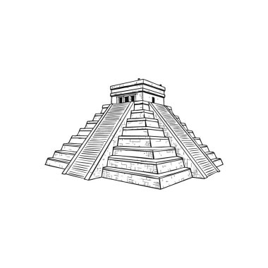 Antik Maya Tapınağı Sanatı. Basamaklı bir Mezoamerikan yapısının stilize edilmiş tek renkli çizimi. Bu tarihi anıt, esrarı ve zamansız medeniyetlerin ihtişamını çağrıştırıyor..