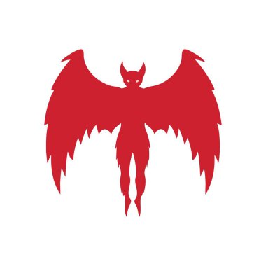 Kırmızı Şeytan Yarasa Silueti. Büyük kanatları ve parlayan gözleriyle siyah bir zemin üzerinde çarpıcı kızıl doğaüstü bir varlık. Gizemi, gücü ve kadim kötülüğü çağrıştırıyor..