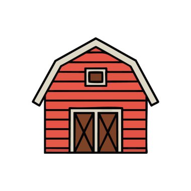 Red Barn Çiftliği Düz Simgesi. Karanlık bir arka planda büyüleyici bir ülke yapısı çizimi. Tarım mirası ve kırsal sadeliğin görüntülerini anımsatıyor.