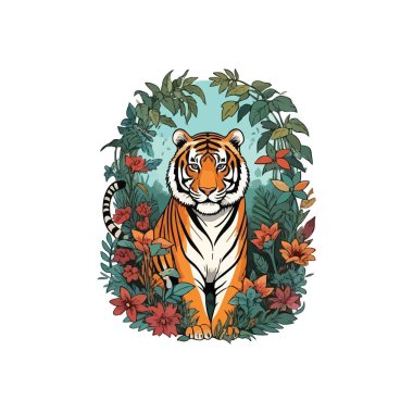 Görkemli Orman Kaplanı Portresi. Güçlü bir vahşi kedi canlı tropikal bitki örtüsü ve egzotik çiçeklerin arasında poz verir. Bu, evcilleştirilmemiş ruhu ve doğal ihtişamı gösteriyor..