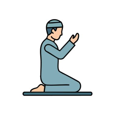 İslami Dua Simgesi. Dindar bir bireyin ibadet edişinin stilize tasviri. Bu grafik, kültürel ve bayram tasarımları için ideal maneviyatı, inancı ve dini gözlemciliği temsil eder..