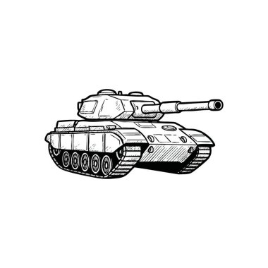 Modern Savaş Tankı Skeç Sanatı. Tarihsel çatışma ve stratejik gücü temsil eden zırhlı bir savaş makinesinin çarpıcı tek renkli tasviri. Çeşitli tasarımlar için ideal.