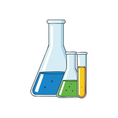 Sıvı dolu parlak laboratuvar kapları. Değişik renkli çözümler içeren çeşitli canlı bilimsel gemiler. Heyecan verici deneyleri, yeniliği ve keşfi sembolize eder..