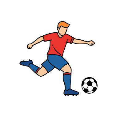 Futbolcu Kicks Ball. Futbola çarpan bir sporcunun dinamik çizimi. Bu resim, rekabetçi spor, canlılık ve aktif kovalamacanın özünü aktarıyor..