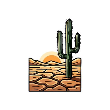 Desert Saguaro Günbatımı Sahnesi. Dayanıklı sulu, kurak ve çatlamış arazide canlı bir akşam ışıltısı altında gelişir. Gücü ve hayatta kalmayı simgeler..