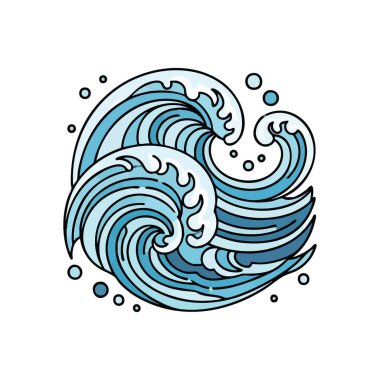Mavi Japon Okyanus Dalgaları Sanatı. Sanatsal köpüklü stilize su desenleri. Bu canlı illüstrasyon doğanın akışkanlığını ve dinamik özünü yakalar, tasarım için mükemmeldir..