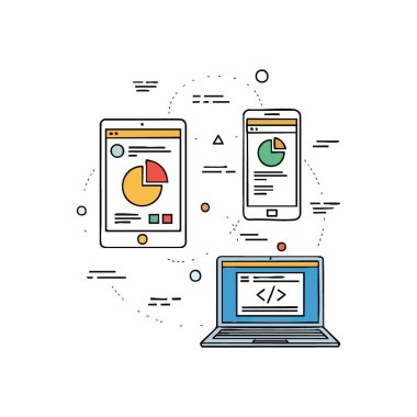 Çoklu Aygıt Veri Geliştirme. Ekranlar arasındaki kusursuz kullanıcı arayüzü, adaptif web çözümlerini örneklendirir. Görsel raporlar ve yazılım oluşturma modern dijital yenilik ve bağlantıyı sembolize eder.