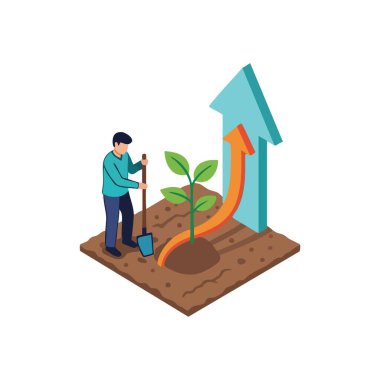 Sürdürülebilir büyüme ve gelişme. Bir bahçıvan tomurcuklanan bir fidanı besliyor, sürekli ilerleme ve karlı ilerleme kavramını temsil ediyor. Yatırımlar olumlu sonuçlar veriyor.
