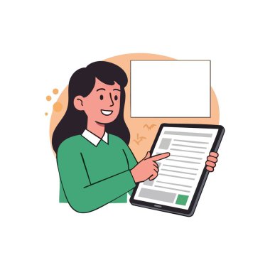 Kadın Dijital İçerik Gösteriyor. Neşeli bir kadın karakter bilgi sunan bir cihaza dikkat çeker. Çevrimiçi öğrenme, elektronik dersler ve iletişim kurmak için mükemmel.,.