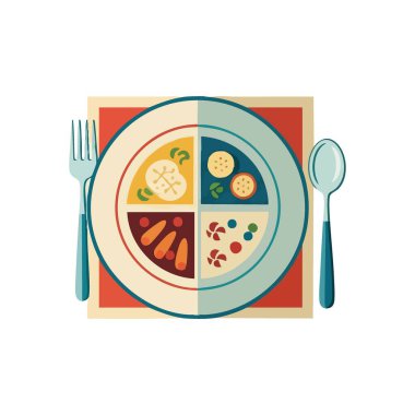 Dengeli Besin Yemeği Tabağı. Bu renkli porsiyonlu yemek sağlıklı beslenmeyi teşvik ediyor. Her bölüm, sağlıklı bir diyeti sembolize eden çeşitli bileşenleri gösteriyor..