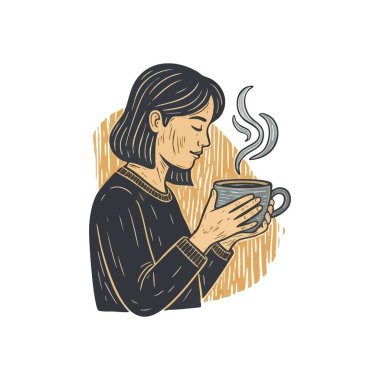 Serene Woman sıcak biranın tadını çıkarıyor. Huzurlu bir bayanın sıcak bir bardakla teselli bulmasını resmeden sanatsal bir çizim. Huzur, kızlık zarı ve özgüven hissi uyandırıyor..