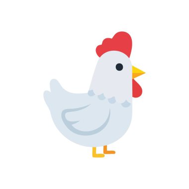 Tatlı Beyaz Tavuk Çizgi Filmi. Canlı kırmızı taraklı ve parlak sarı gagalı büyüleyici tavuk grafiği. Bu basit çiftlik kuşu, evi, yumurtaları ve ilkbahar sıcağını simgeler. Tarım, gıda ve diğer şeyler için mükemmeldir..