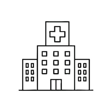Sağlık Tesisi Doodle Simgesi. Belirgin bir çapraz sembolün yer aldığı basit bir tıp kurumu çizimi. Bu grafik sağlık, acil yardım ve hasta bakım hizmetlerini temsil ediyor..