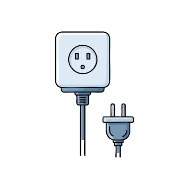 Sistemde elektrik prizi var. Bir duvar güç noktası ve kopmuş bir kablo ucunun basit bir gösterimi, enerji dağılımını, ev elektriğini ve hazır olma şarjını simgeliyor.
