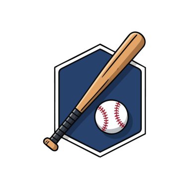 Beyzbol sopası ve top spor ikonu. Ahşap bir sopa ve mavi bir kalkanın üzerine dikilmiş kürenin canlı bir çizimi. Atletizmi, rekabeti ve Amerikan eğlencesinin ruhunu temsil ediyor..
