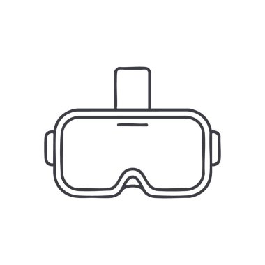 Doodle Sanal Gerçeklik Kulaklığı. Büyütülmüş dijital deneyimler için geliştirilmiş göz giysisinin basit bir çizimi. Bu temiz grafik gelecekteki teknolojiyi ve genişleyen metaevreni temsil ediyor..