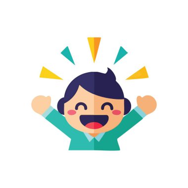 Muzaffer Kutlama Karakteri. Bu canlı düz çizim, kolları havada ve ışıltılı bir gülümsemeyle muazzam bir neşe ve başarı ifade eden bir insanı tasvir ediyor. Başarı ve iyi haberi sembolize eder..