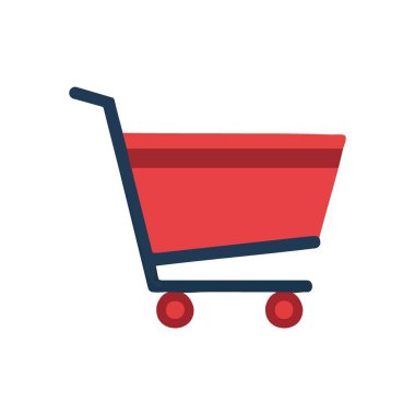 Alışveriş Arabası Simgesi Tasarımı. Karanlık bir arka planda canlı kırmızı bir market arabası. Bu düz grafik çevrimiçi satın alma, dijital ticaret ve tüketici alımını sembolize ediyor.