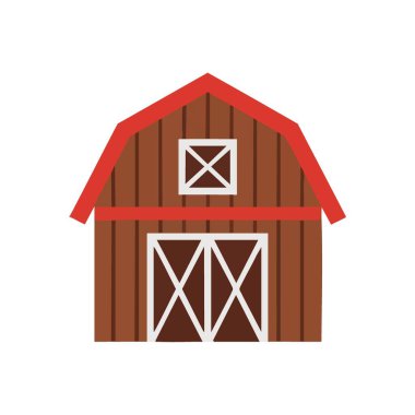 Kırsal Çiftlik Ahırı İllüstrasyonu. Canlı kırmızı çatısı olan büyüleyici kahverengi kırsal bir bina. Bu minimalist grafik sanat eseri beyaz haç detaylarını içeriyor, kırsal huzuru somutlaştırıyor ve.
