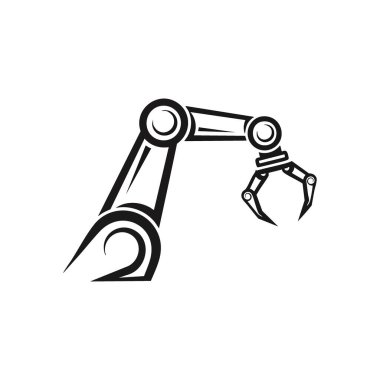 Endüstriyel Robot Kol Simgesi. Gelişmiş otomasyon tutacağı, bu minimalist tek renkli tasarımda geleceğin teknolojisini ve üretimini simgeler..