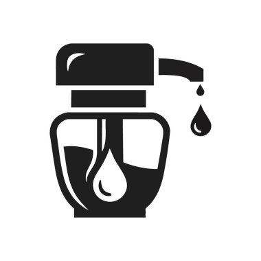 Hijyen Bozucu Şişe Sembolü. Üzerinde damlacık olan tek renkli bir pompa kabı grafiği. Arınma, kişisel bakım ve sağlık kavramları için idealdir..