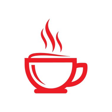 Sıcak içecek Red Outline Simgesi. Kırmızı çizgili beyaz bir bardakta dumanı tüten sıcak bir içeceğin canlı bir grafiği. Rahatlığı, enerjiyi ve sıcak, davetkar bir molayı simgeler..