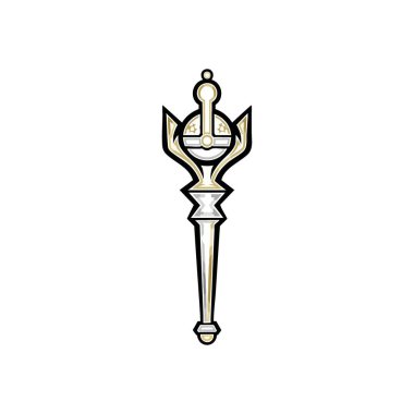 Kraliyet Sihir Asa Amblemi. Şatafatlı altın ve beyaz estetiğiyle büyüleyici bir tören çubuğu. Bu güçlü ikon muazzam gücü, mistik güçleri ve soylu soyunu temsil eder..