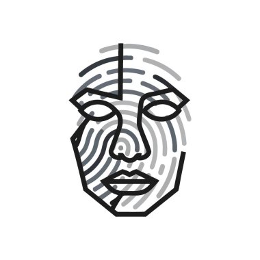 Soyut Contour Face Portresi. Karmaşık gri tonlama çizgileriyle oluşturulmuş, dijital kimlik, kalıplar ve birbirine bağlılığın kavramlarını çağrıştıran sakin bir insan yüzü..