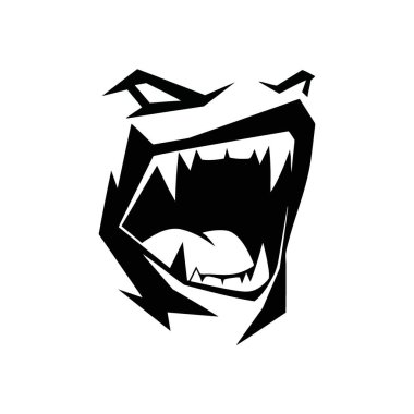 Vahşi Gürleyen Canavar Ağız. Sivri dişli, açık hayvan çenelerinin cesur bir örneği. Bu tehditkar sembol gücü, saldırganlığı ve birincil tehlikeyi taşıyor..