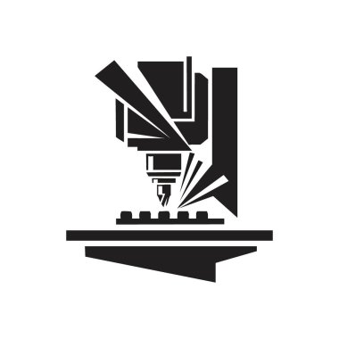 Hassas Sanayi Makineleri. Otomatik kesme aracının temiz vektör simgesi parçalar oluşturur. Modern imalatı, dijital üretimi ve yüksek teknoloji mühendisliğini sembolize eder..