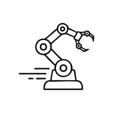 Endüstriyel Robot Arm Otomasyonu. Modern otomatik manipülatör ikonu, gelişmiş teknolojiyi, hassas montajı ve verimli fabrika üretimini sembolize ediyor. Temiz vektör grafiği.