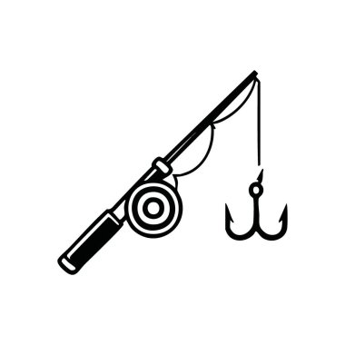 Minimalist Olta ve Makara Simgesi. Açık hava aktiviteleri için balıkçılık ekipmanlarının temiz grafik çizimi, barışı, sabrı ve doğayla bağlantıyı simgeliyor.