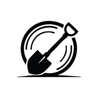 Kürek Kazma Aracı Simgesi. Siyah bir tuvalde beyaz kürek amblemi. Bu temiz grafik sıkı çalışmayı, inşaatı, bahçıvanlığı ve yeni fikirleri ortaya çıkarmayı simgeliyor..