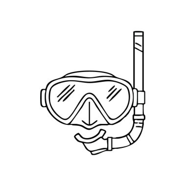 Şnorkel maskesi ve dalış teçhizatı taslağı. Su altı aktiviteleri için temiz beyaz bir gözlük ve nefes borusu grafiği. Tatil eğlencesi ve deniz keşfi hissi uyandırıyor..