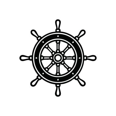 Geminin Dümen Silueti. Siyah arka planda beyaz gemi çarkı. Rehberlik, macera ve deniz keşfi ruhunu temsil eder..