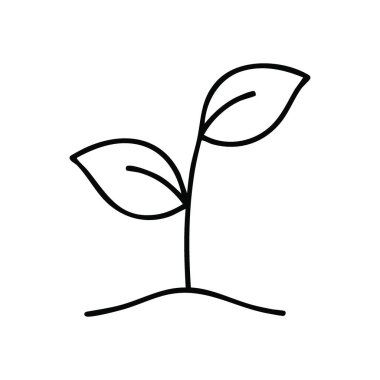 Genç Bitki Büyüme Sembolü. Topraktan çıkan iki taze yaprağı olan küçük bir fidanı temsil eden bu resim, yaşamın gelişimini, sürdürülebilirliğini ve pozitif değişimi temsil ediyor..