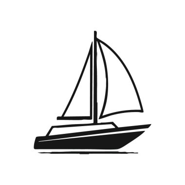 Monokromatik Yat Silueti. Büyüleyici tek renkli yelkenli sanatı illüstrasyonu, özgürlük, yolculuk çağrıştırıyor ve hayatın sularında kolaylıkla yol alıyor..