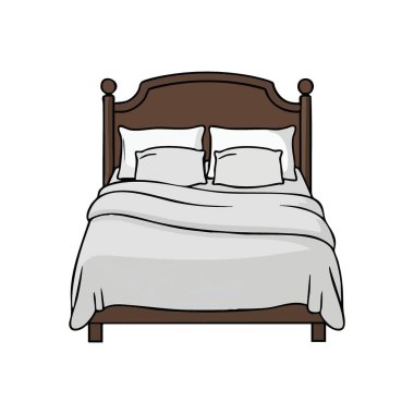 Rahat yatak odası yatak ikonu. Yumuşak yastıklar ve sıcak bir yorgan ile tamamlanmış rahat bir uyku alanı tasvir eden basit bir grafik. Huzur ve sükuneti çağrıştırıyor, rahatlamak için mükemmel..