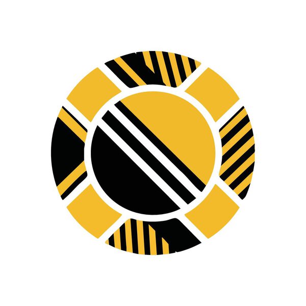 Abstract Geometric Yellow Circle Design. This contemporary graphic artwork features a round motif, suggesting a stylized sun or a vital life preserver. Its striking colors and segmented layout.