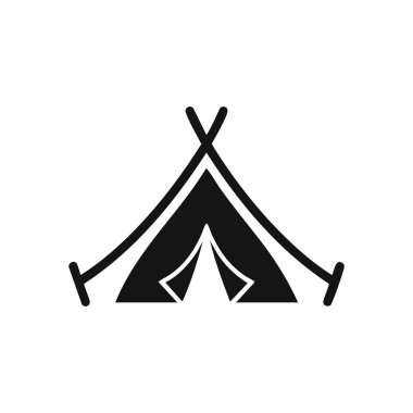 Kamp Çadırı Sembolü. Minimalist karanlık grafik tipik bir kamp evini betimliyor, açık hava aktiviteleri için mükemmel. Macerayı, özgürlüğü ve vahşi doğayı çağrıştırıyor..